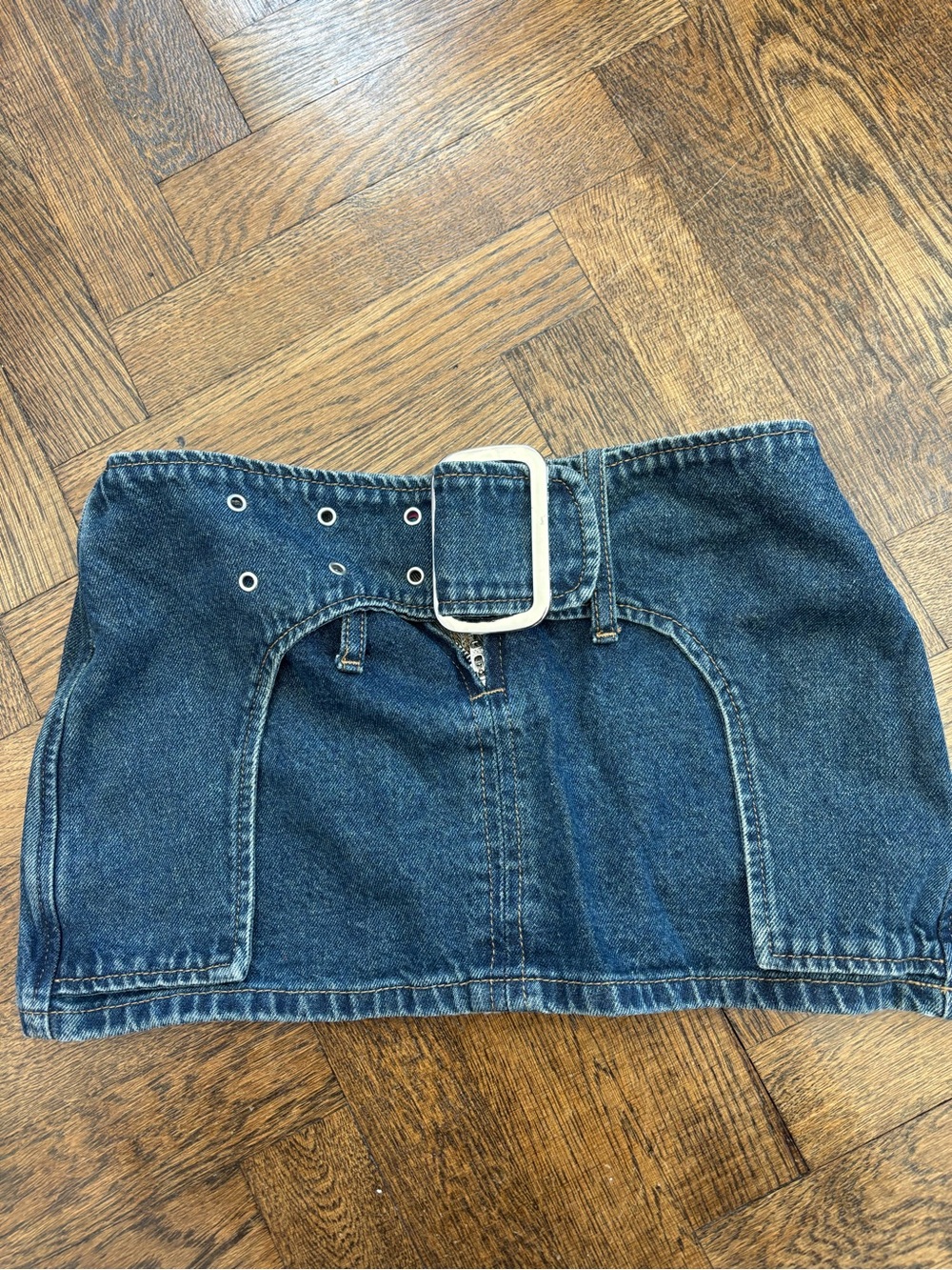 Edikted Blue Denim Mini Skirt with Pink Logo Tag